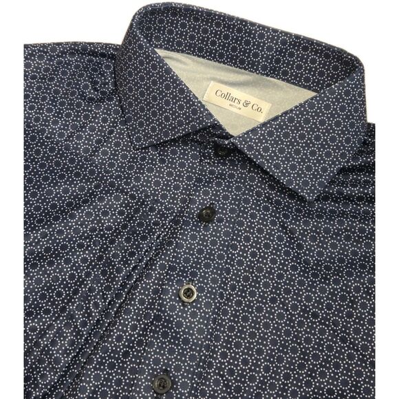 NWOT Collars & Co Mens M Dress Collar Polo Shirt Navy Geo Dot Spheres Circles - Picture 1 of 7